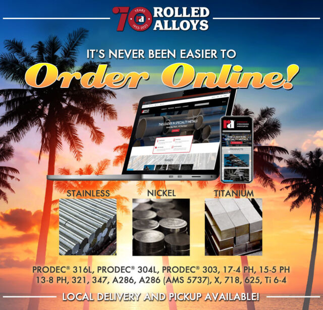 Rolled Alloys Los Angeles is your one-stop West Coast shop for bar product!
Offering stock up to 8” in diameter and cut-to-length processing, your material is ready for machining or fabricating upon arrival. Quote and order online 24-7! #RolledAlloys #QuoteBuyTrack #LosAngelesRA
