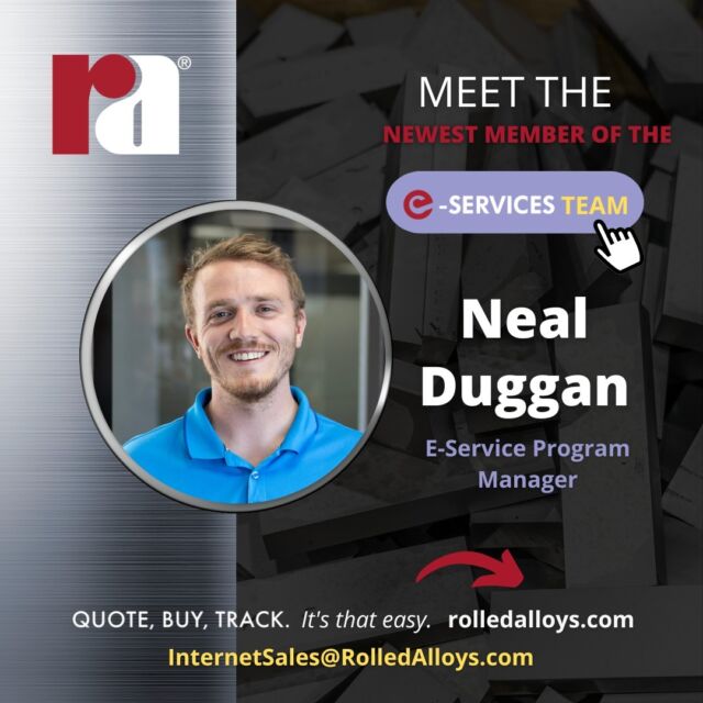 Join us in welcoming Neal to his new role as E-Service Program Manager! 🎉

Learn more about our E-Service programs here and how we can help at the link below,
https://www.rolledalloys.com/eservices/

#RolledAlloys #SpecialtyMetalSupplier #MetalSupplier