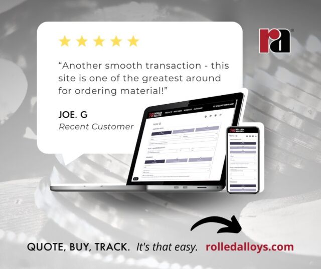 Sign up for an account today and explore why customers love our dashboard. Get instant quotes on any device, anywhere. Easily place orders by entering PO numbers and selecting payment terms. Then track your order's progress until it reaches your dock!

https://www.rolledalloys.com/cart/registration

Quote, Buy, Track... It's That Easy! ➡️ At RolledAlloys.com.

#RolledAlloys #QuoteBuyTrack #SpecialtyMetalSupplier