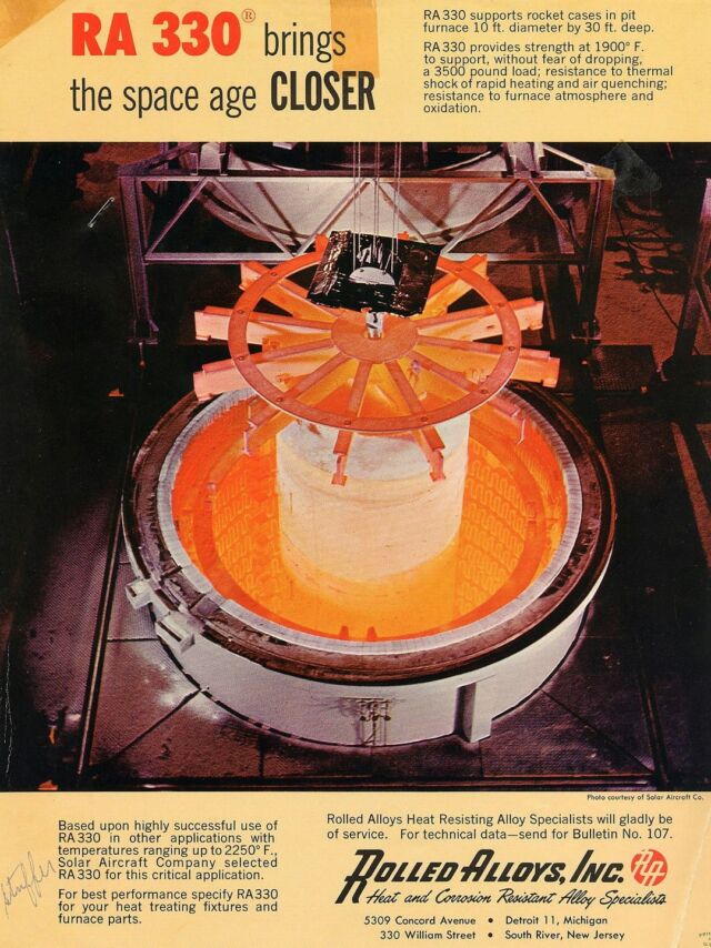 #TBT For over six decades, RA330® has been the go-to alloy for demanding applications, like the rocket case featured in this ad. Known for its outstanding corrosion resistance and strength at extreme temperatures, RA330® has helped push the boundaries of innovation. 🚀

Today, we offer a full range of alloys that make space exploration possible, from heat shields and rocket bodies to propellant tanks, satellite components, and beyond. The future is built on materials like these! 

To learn more check out: https://lnkd.in/g3zq_ASc 🌌 

#RolledAlloys #ThrowbackThursday #RA330 #SpecialtyMetalSupplier #spaceexploration
