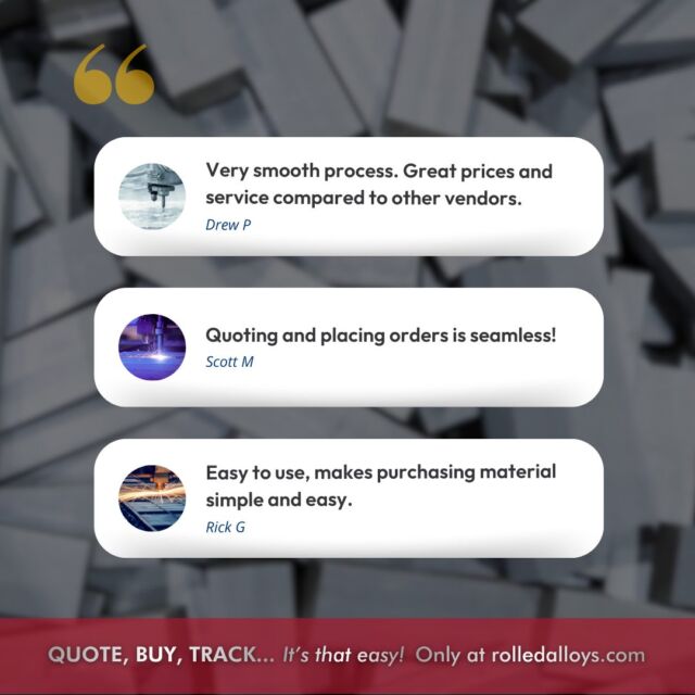 Join the thousands of customers already using the #RolledAlloys online dashboard to easily quote, order, and track materials.

✅ Get Instant Pricing 24/7
✅ Submit Orders
✅ Track Shipments
✅ Retrieve Certifications, Packing Slips, and Invoices

🔗 Set up your account today: rolledalloys.com/cart/registration

Quote and order faster. Work Smarter. All in one dashboard.

#MetalOrderingMadeEasy #CustomerApproved #SpecialtyMetalSupplier #QuoteBuyTrack