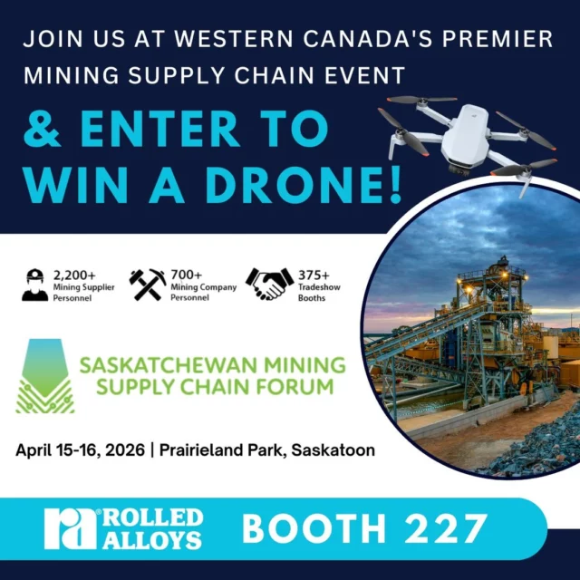 ⏳ 2 weeks until the Saskatchewan Mining Supply Chain Forum! 

Visit us at Booth 227 to explore our corrosion-resistant alloy solutions and enter for a chance to win a drone. 🚁

#RolledAlloys #SaskatchewanMining #AlloySolutions #MiningIndustry