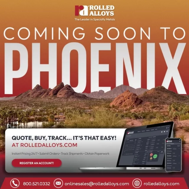 ✈️ We're expanding in the Southwest!

A new Phoenix, AZ facility is coming soon—built to support aerospace, energy, and industrial customers with faster turnaround and increased capacity.

🔗 Read more: https://www.rolledalloys.com/articles/phoenix-metal-processing-capabilities/

#RolledAlloys #MetalProcessing #PhoenixAZ #Manufacturing
